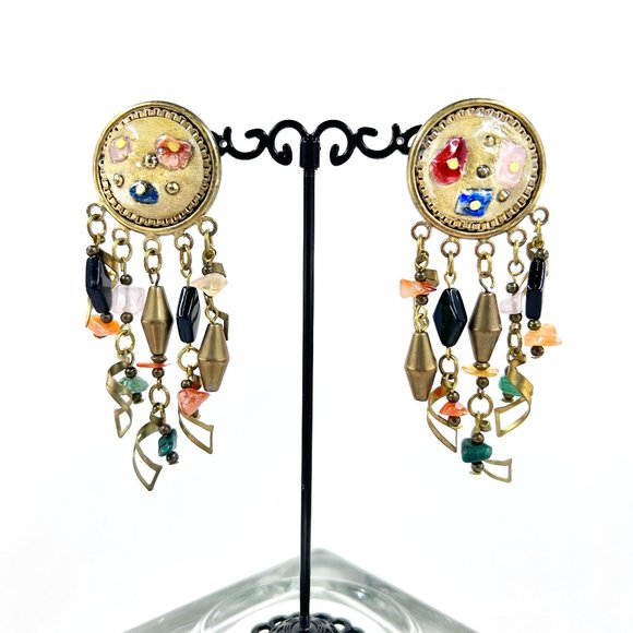 NWOT - BOHO Artisan Natural Stone & Antiqued Gold Tone Dangle Clip-On Earrings - Picture 1 of 7